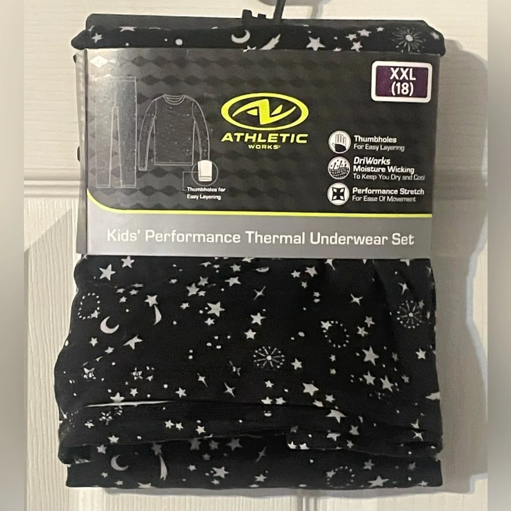 NWT‎ Athletic Works Girls Thermal Base Layer Set Black Star Print